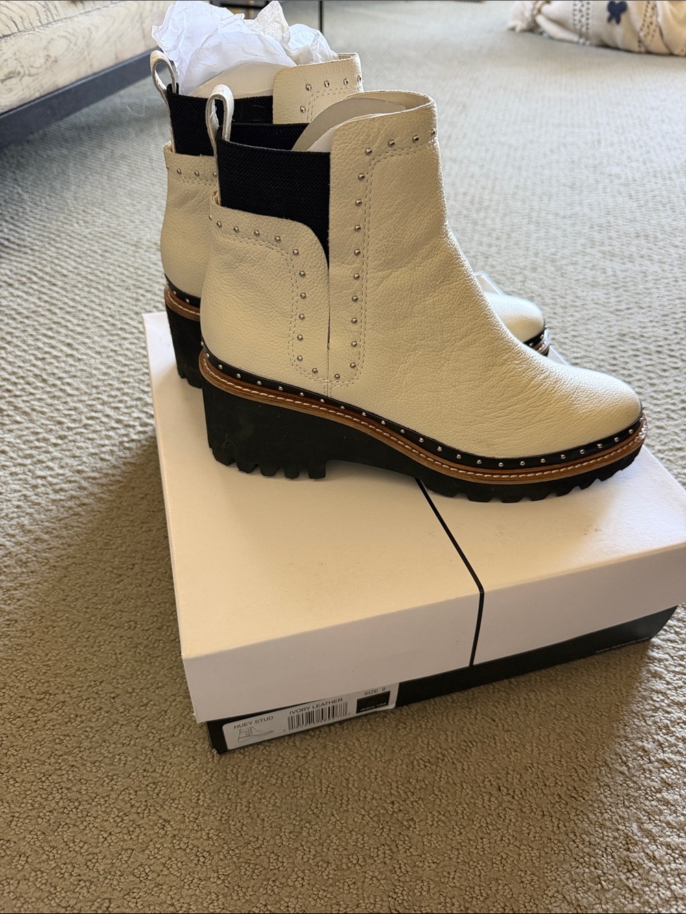 Dolce Vita Cream Leather Studded Lug Chelsea Booties